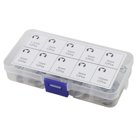 120 Piece E Clip Circlip Assortment Kit With 304 Stainless Steel Retaining Rings, 12 sizes from 1.5mm to 10mm, in a clear plastic box