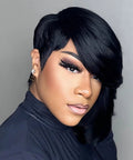 Short Pixie Cut Wig for Black Women With Bangs, Layered Virgin Human Hair, Side Part, Glueless Wear-and-Go, Full Machine-Made Wig, Effortless Chic Style, Tangle-Free and Soft on model
