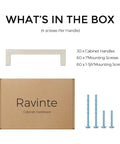 What's in the box: 30 Pack Slim 3 3/4 Inch Center To Center Solid Square Bar Cabinet Handles In Brushed Nickel with screws