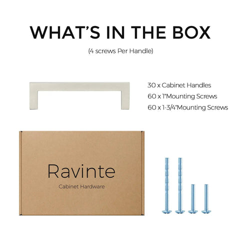 What's in the box: 30 Pack Slim 3 3/4 Inch Center To Center Solid Square Bar Cabinet Handles In Brushed Nickel with screws