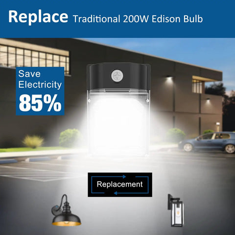 30W LED Wall Pack With Dusk To Dawn Sensor, 3600LM Ultra Bright Outdoor Flood Light illuminating a garage exterior at night.