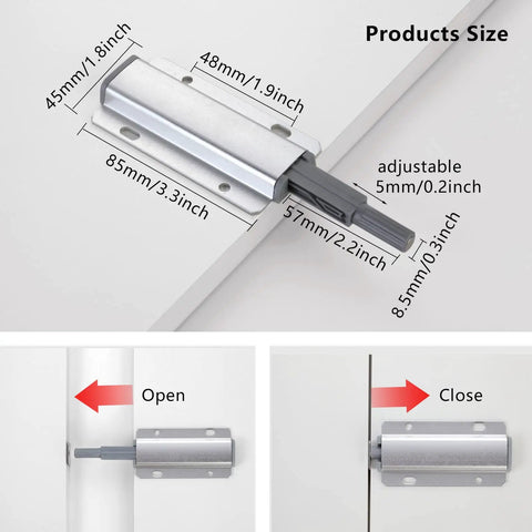 Premium Push To Open Magnetic Latch dimensions showing 10 pack of touch release cabinet latches for seamless kitchen drawer use.