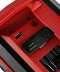 Close-up of USB port on Portable Bluetooth Speaker Designed For Power Tools With Kickin Bass Output Aux Input Usb Charging Port.
