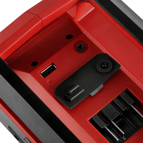 Close-up of USB port on Portable Bluetooth Speaker Designed For Power Tools With Kickin Bass Output Aux Input Usb Charging Port.