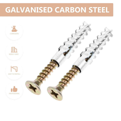 Close-up of 40-Set Drywall Anchors And Screws Kit For Wood And Concrete Walls Self-Drilling Steel Anchors With Gold Finish; steel screws