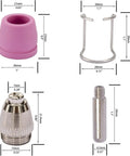 Wsd60 Plasma Cutter Torch Gun components showing pink rubber cup, metal holder, and nozzle, detailed measurements for precision use.