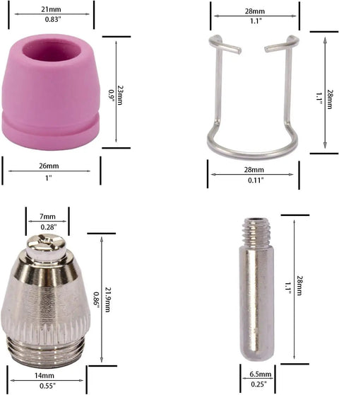 Wsd60 Plasma Cutter Torch Gun components showing pink rubber cup, metal holder, and nozzle, detailed measurements for precision use.