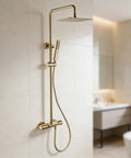 Rain Shower System with 10" Rainfall Head & Thermostatic Faucet, Wall Mounted Brass Shower Set with Handheld in gold finish.