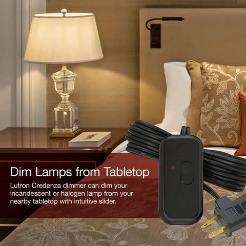 Credenza Plug-In Dimmer for Incandescent and Halogen Lamps With Locator Light in a bedroom setting with lamp on table