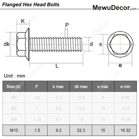 Technical drawing of M10 Flanged Hex Head Bolts 1.5mm Thread 25mm Length Heavy Duty Stainless Steel 304 18 8 Plain Finish DIN 6921 Pack Of 10