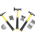 7 Piece Auto Body Repair Kit For Dent Fix And Bodywork With Carbon Steel Heavy Duty Dolly Set; three hammers and four dollies.