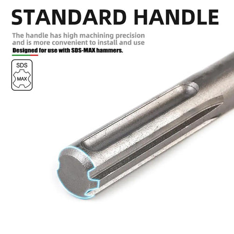 Close-up of Heavy Duty SDS Max Masonry Drill Bit Set with SDS Max shank for rotary hammers, highlighting its bulletproof 40Cr steel build.