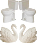 Upgrade Your Bathroom Game With Super Slick Ceramic Toilet Bolt Caps Featuring A Chic White Swan Design And Decorative Screw Covers That Totally Level Up Your Home Aesthetic And Keep Things Looking Fresh. Two white ceramic toilets with swan designs and matching bolt caps.