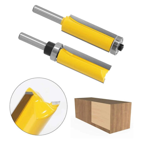 Straight Up Pro Grade Eight Millimeter Flush Trim Pattern Router Bit Featuring Dual Bearings And Kickback Resistant Build For Flawless Wood And Laminate Projects shown from two angles, highlighting dual bearing design.