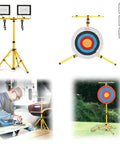 Backyard Archery Target Stand Foldable And Adjustable For Outdoor Practice with floodlights and targets on grassy field