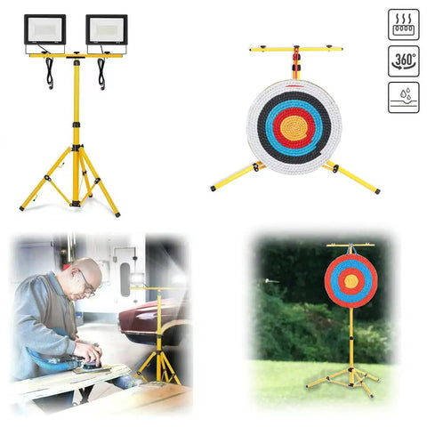 Backyard Archery Target Stand Foldable And Adjustable For Outdoor Practice with floodlights and targets on grassy field