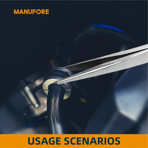 Close-up of 11 Inch Long Reach Needle Nose Pliers Three Piece Set With Straight 45 Degree Bent And 90 Degree Bent Heads For Electrical Repair And DIY Projects Pro Grade Heavy Duty Carbon Steel Hand Tools Kit shown gripping a component.