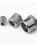 Rock Solid 304 Stainless Steel Bushing Pipe Fitting Adapter And Heavy Duty Coupler in three sizes for metric threads.
