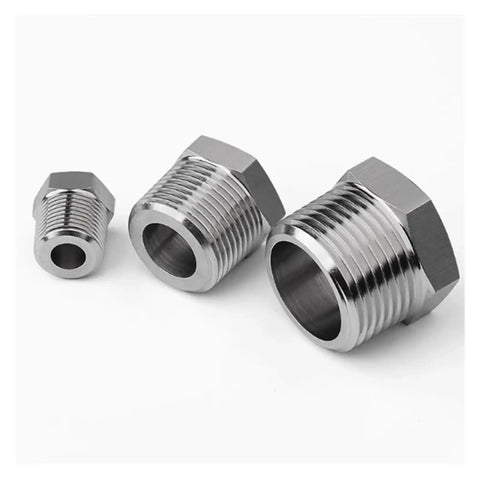 Rock Solid 304 Stainless Steel Bushing Pipe Fitting Adapter And Heavy Duty Coupler in three sizes for metric threads.
