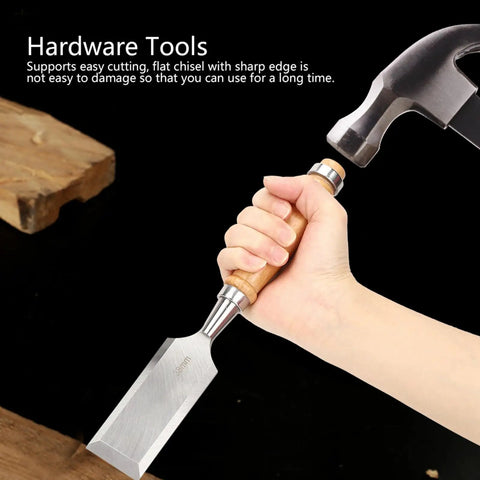 Pro Level Wood Chisel Set With Sturdy Wooden Handles And Razor Sharp Steel Blades Built Tough for smooth carving, flat chisel in hand.