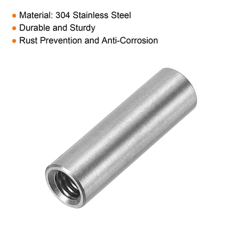 Round M4 Coupling Nuts Set Of 10, 304 Stainless Steel, 20mm Length, M4x0.7 Thread, single nut close-up showing end view