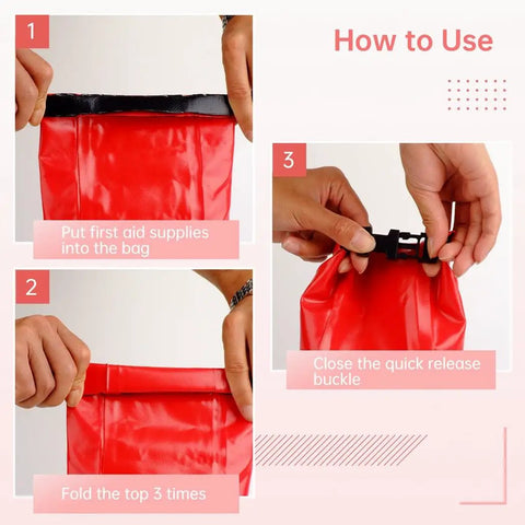 Instructions for sealing the Must Have Waterproof Emergency Kit For Boating And Outdoor Adventures with top roll storage and buckles.