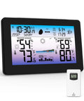 Must Have Weather Station Wireless Indoor Outdoor Digital Thermometer with Accurate Temperature and Humidity Big Seven Point Five Inch Color HD Display with Remote Sensor Weather Forecast Atomic Clock and Moon Phase showing temperature and humidity readings.