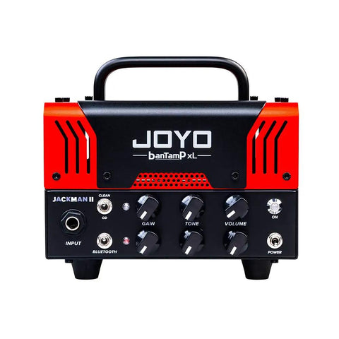 Front view of BanTamp XL Mini 20W Guitar Amp Head With Bluetooth, Hybrid Tube Tech, Two Channel Design, black and red.