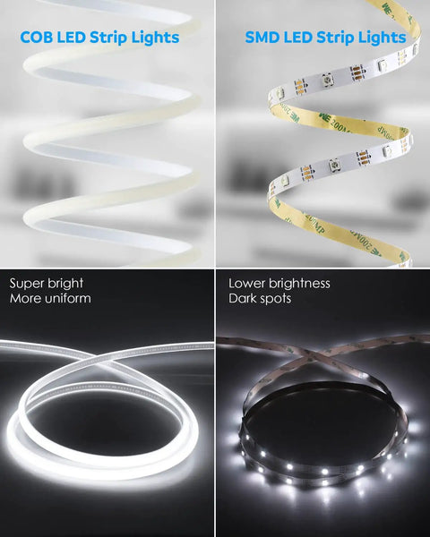 Comparison of Outdoor Waterproof COB LED Strip Lights 65.6 Ft 6000K Cool White with SMD LED showing brightness and uniformity.