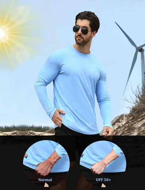 Model wearing Two Pack Men's UPF Fifty Plus Dope Rash Guard Long Sleeve Swim Shirts With Quick Dry Tech in blue outdoors