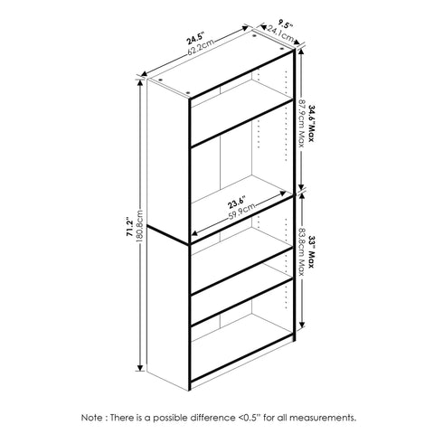 Go-To Five-Tier Bookshelf With Adjustable Shelves In Blackwood Finish dimensions diagram includes measurements for space-saving design