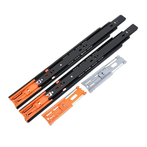 Full Extension Drawer Slides That Glide Like Butter With Bottom Mounted Concealed Design So Drawers Hide Under The Cabinet Durable Heavy Duty Hardware For Cabinets And Furniture That Open And Close Quietly, black metal pair with orange clips