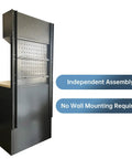 Heavy Duty Garage Storage Cabinet System With Elevated Tool Cabinets And Wooden Workbench Steel Pegboard Wall Organizer Top Shelf Workshop Furniture showcasing independent assembly feature.