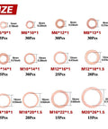 Copper Washer Set 300 Piece Flat Ring Assortment Kit With 12 Size Range M5 M20 sizes displayed with dimensions