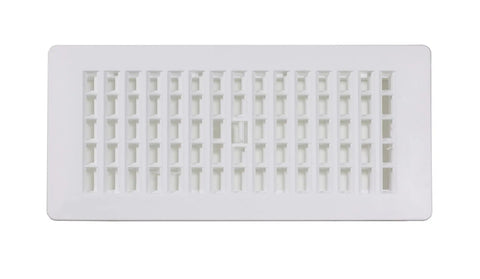 Front view of a 4 Inch By 10 Inch Plastic Floor Register White With Durable Lattice Design, Easy Install Vent Cover For Home Heating.