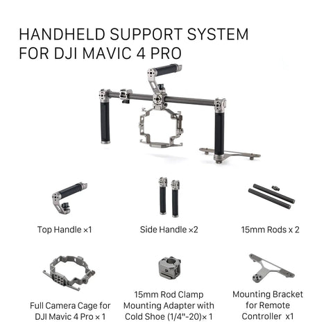 Dope Handheld Cage Rig For DJI Mavic 4 Pro Titanium White with top and side handles, cold shoe mounts, 15mm rod clamps