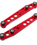 maXpeedingrods red aluminum rear lower control arms with poly bushings, pair, angled view