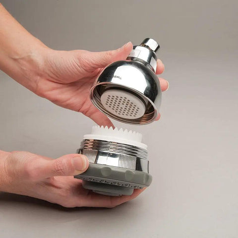 Hands assembling Wall Mounted Water Filtered Shower Head with Massage in Chrome Finish Reduces Chlorine and Sulfur Odor Softens Skin