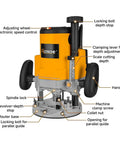 Compact Palm Router With 4.8 Amp 580W Power, Fixed Base, One Quarter Inch Collet featuring labeled parts for woodworking
