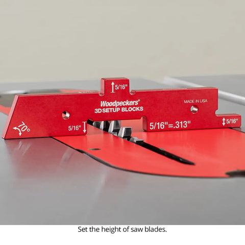 7 Piece Aluminum 3D Setup Block Kit With 4 Ways To Measure Per Block Router And Table Saw Gauge Blocks Height Gauge For Router Bits Includes Powder Coated Rack It Wall Mount Usa Made, red block on saw blade