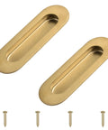 Two Pack Brushed Gold Stainless Steel Flush Pull Handles With Side Hole Oval Embedded Recessed Finger Pulls For Drawers Cabinets And Wardrobes Hidden Screws Space Saving Sliding Door Style displayed with screws.