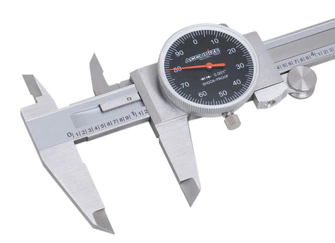 6 Inch Dial Caliper With 0.001 Inch Resolution Black Face Red Needle Stainless Steel Satin Chrome Finish Measures Inside Outside Depth In A Fitted Box