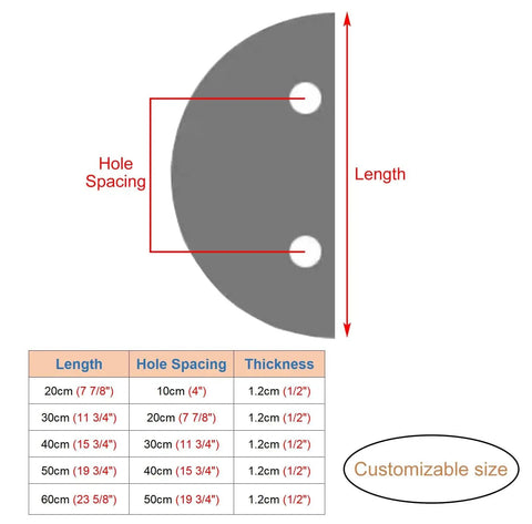 Gold Semi Circular Barn Door Handle Double Sided Push Pull Knob dimensions chart with customizable size options.