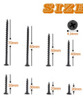Heavy Duty Black Steel Screws Set For DIY Projects showing various sizes, rust resistant, high strength for wood and metal.