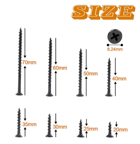Heavy Duty Black Steel Screws Set For DIY Projects showing various sizes, rust resistant, high strength for wood and metal.