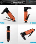 Badass One Quarter Inch Air Angle Die Grinder With Nimble Ergonomic Handle and Reliable Safety Trigger For Rock Solid Metal Polish and Swift Precision Cuts At Twenty Thousand Rpm Shop Ready, profile and angled view.