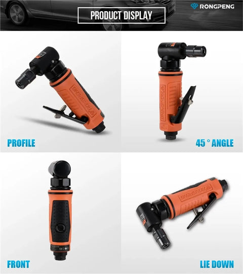 Badass One Quarter Inch Air Angle Die Grinder With Nimble Ergonomic Handle and Reliable Safety Trigger For Rock Solid Metal Polish and Swift Precision Cuts At Twenty Thousand Rpm Shop Ready, profile and angled view.