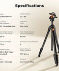 Specifications for Lightweight Travel Tripod For Camera And Phone, 63 Inch Aluminum with Arca Ball Head, supports 22.1 lbs.