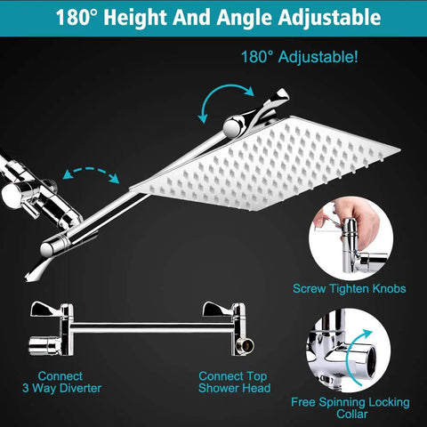 Adjustable 8 Inch High Pressure Rainfall Shower Head And Handheld Shower Combo with 11 Inch Extension Arm, Chrome Steel