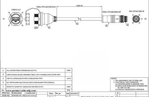 Diagram of Rugged Beefy Industrial USB 3.0 A Female To M12 B Code 5 Pin Bulkhead Panel Mount Cable IP67 Waterproof With Cap 1.5 Meter.